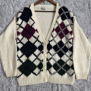 Vintage Cardigan Sweater Womens Large Argyle Buttons Granola Preppy Boho Granola